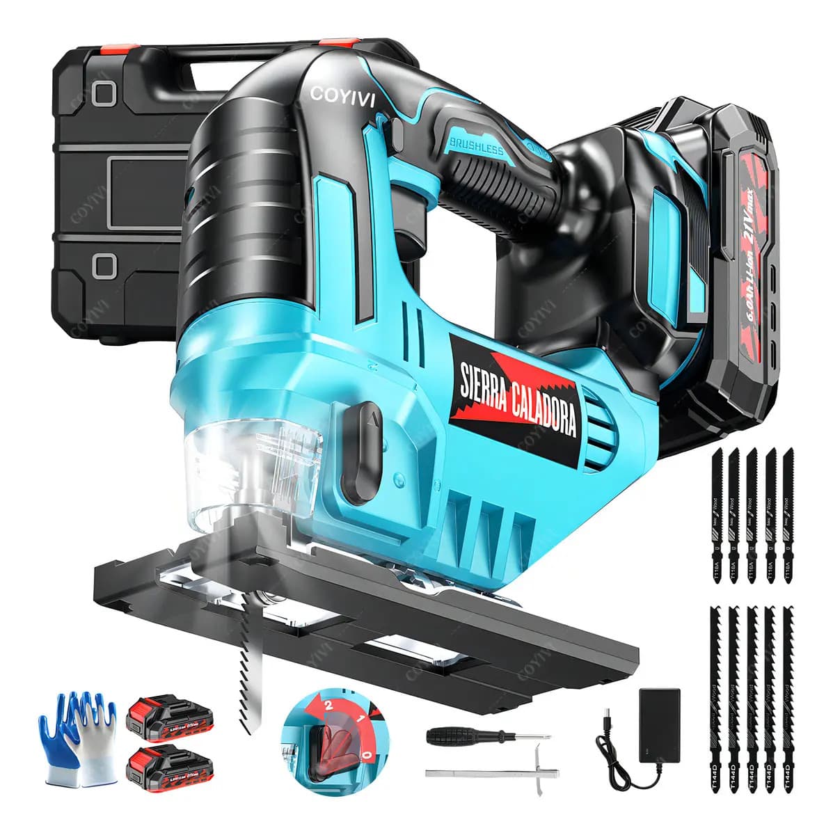 1200w Sierra Caladora Inalámbrico Eléctrica De Corte Profesional COYIVI 4000rpm Con 21v 2*6000mah Baterías 3 Ajustes Orbitales Para Corte De Madera Aluminio Acero