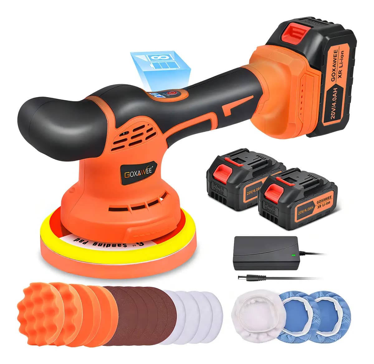 Goxawee Pulidor Para Auto Ajustable Herramienta Automotriz 600w pulidora Orbital Sin Cable 9mm Chasis 6inch Con 2 Baterías 4000mah