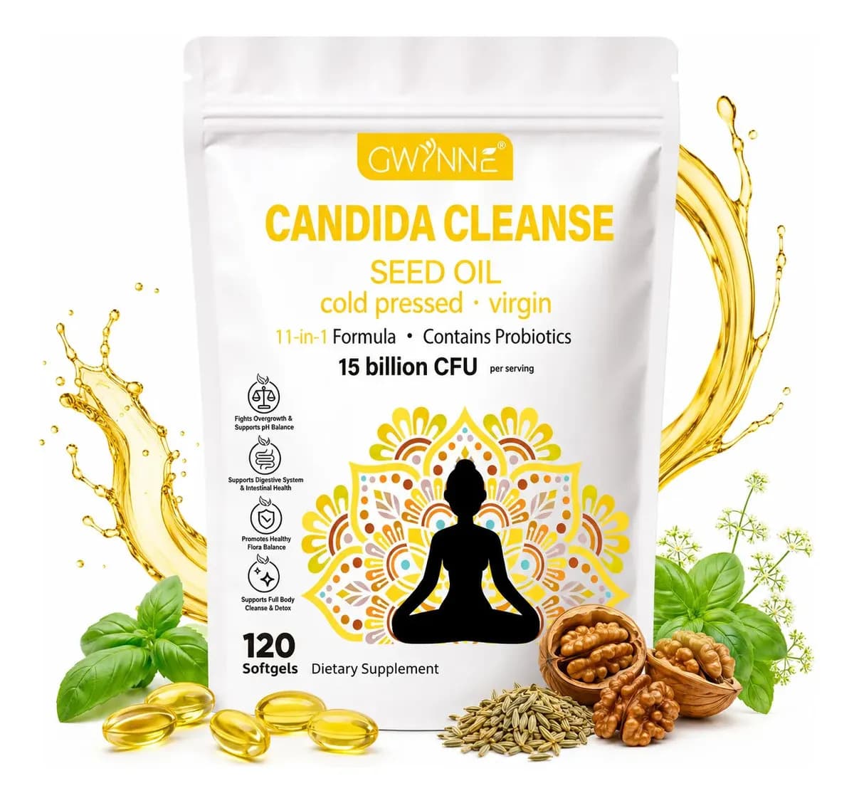 Gwynne Candida Cleanse Seed Oil 120 Cápsulas,hierbas Naturales Para La Desintoxicación Intestinal Con 15 Billion Cfu,11-in-1 Formula Con Hoja De Orégano,ácido Caprílico Y Probiotics
