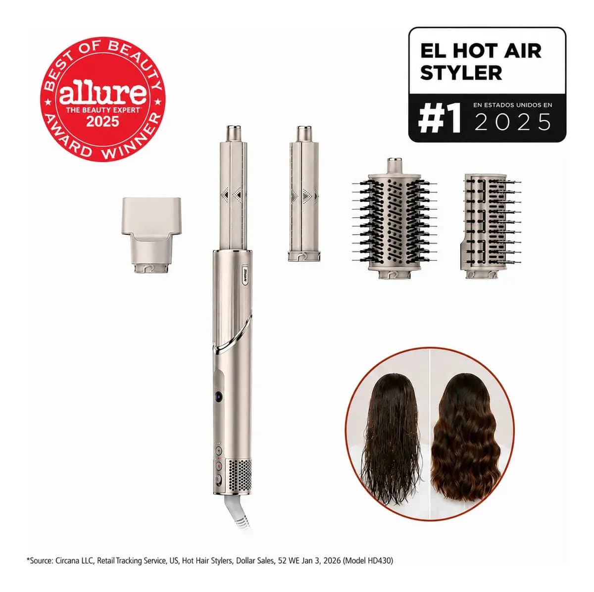 Secadora de Cabello Shark FlexStyle Multiestilizador 4 en 1 con Rizadores y Cepillo Alisador Sin Daño por Calor Sin Frizz Accesorios Intercambiables para cabello Liso y ondulado - Color Stone HD430LAA