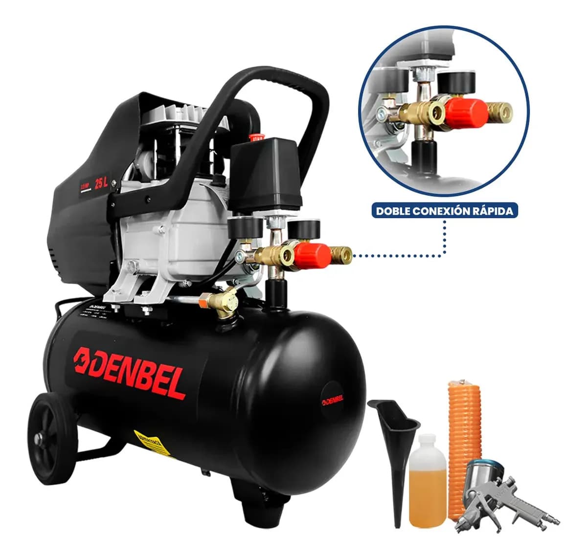 Compresor De Aire Eléctrico 2.5 Hp 25L Doble Salida Premium Con Pistola De Gravedad Negro Denbel 60 Hz