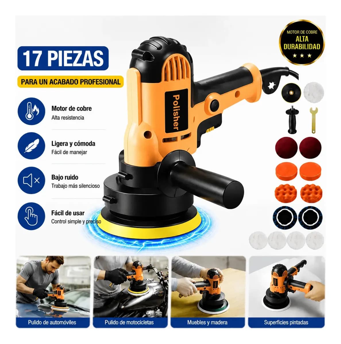 Pulidora Eléctrica de Mano MXGAA para Auto con Kit de 17 Piezas, 700 W y Velocidad Variable