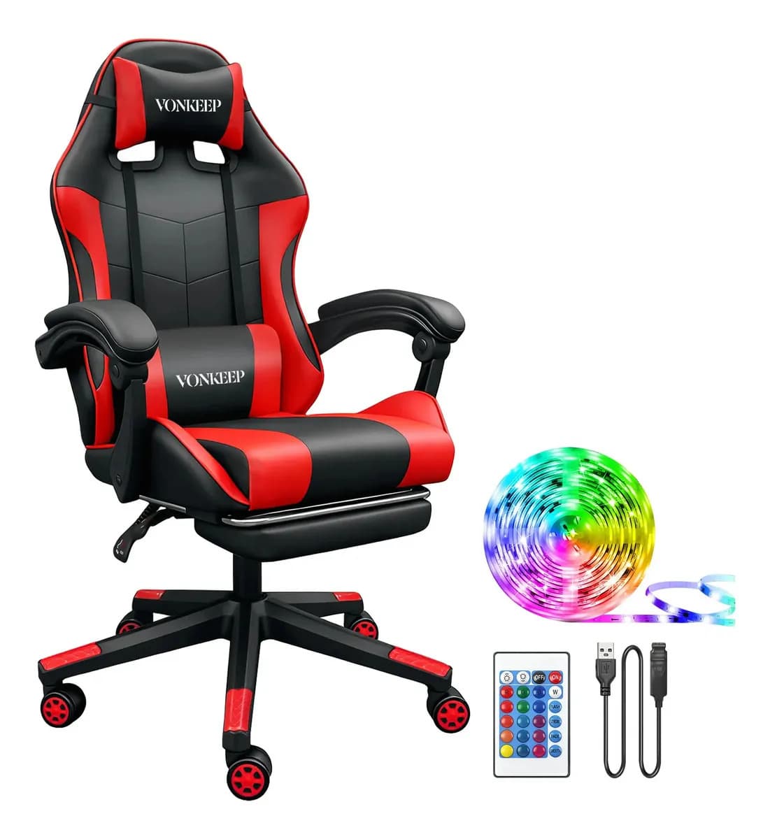 VonKeep Silla Gamer Ergonómica Oficina Roja con Reposapiés y Tira LED de 5m Reclinable Giratoria Gaming Escritorio