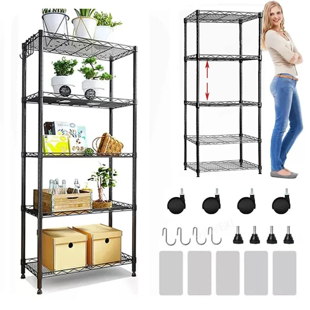 Estante metálico ajustable de 5 niveles, Organizador de almacenamiento 150 x 55 x 30 cm, Repisa Modular DIY de Alta Resistencia, Capacidad 120 kg para cocina, baño, lavandería y garaje negro