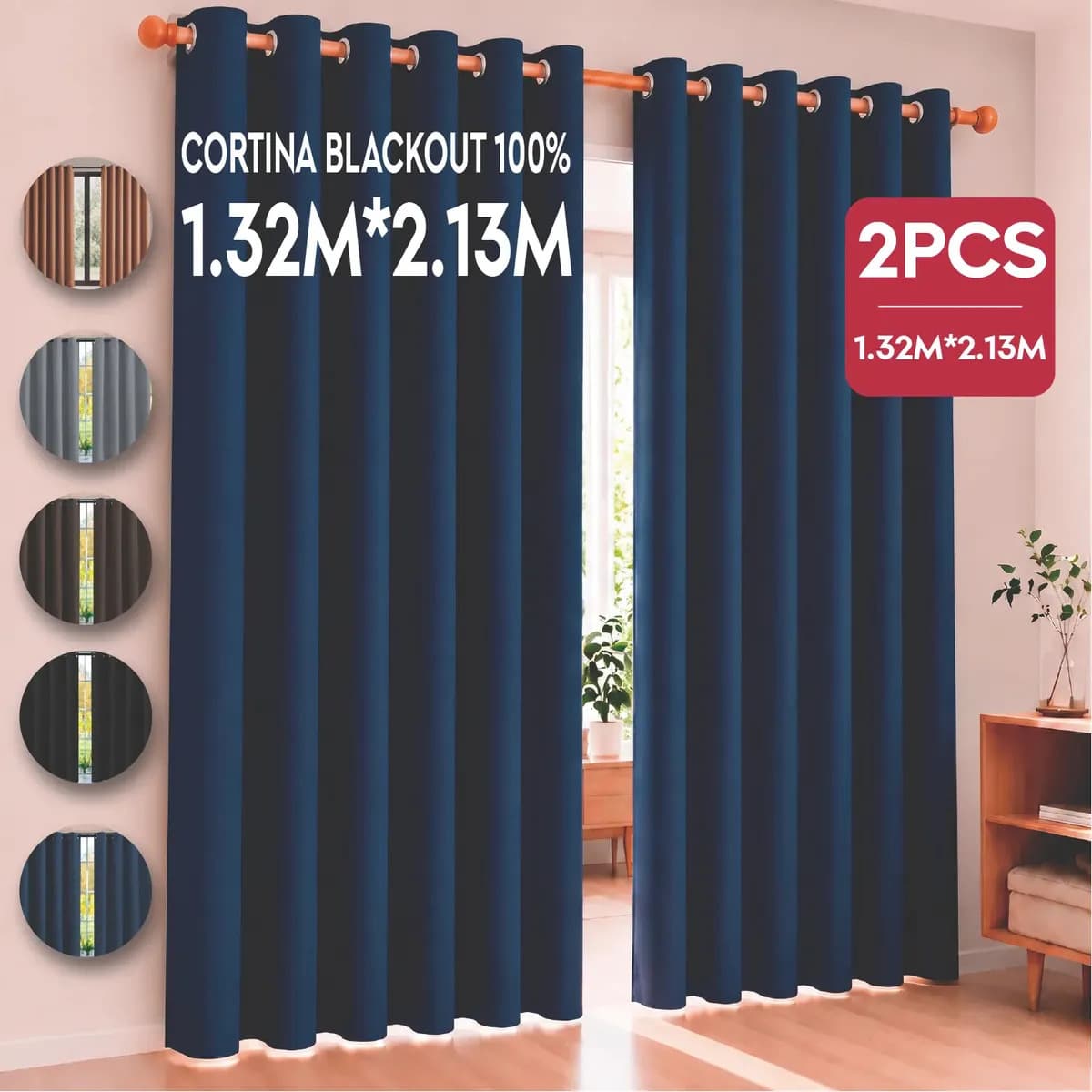 Cortina Cuory Blackout 2 Paneles Aislada Premium 132 X 213 Color Azul Marino Para Ventana Habitación Sala
