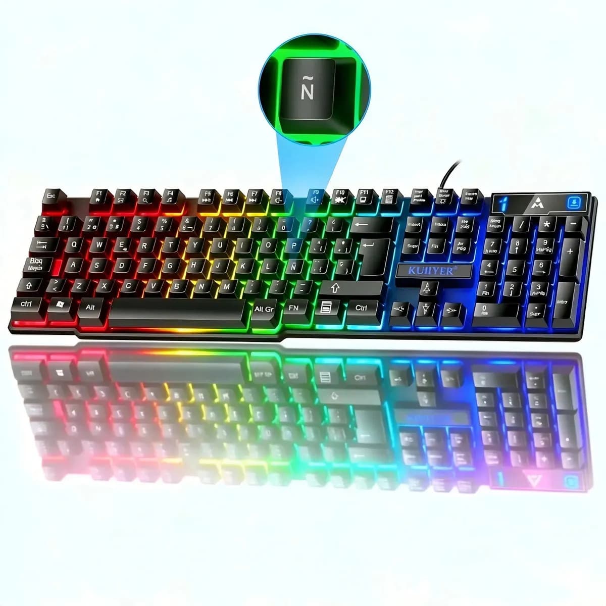 Kuiiyer Teclado Español con Ñ Para Juegos, E310 Teclado Gamer Con Cable, Retroiluminación Led Rgb, Ideal Para Juego Y Trabajo Para Pc Windows 7, 8, 10 (negro)
