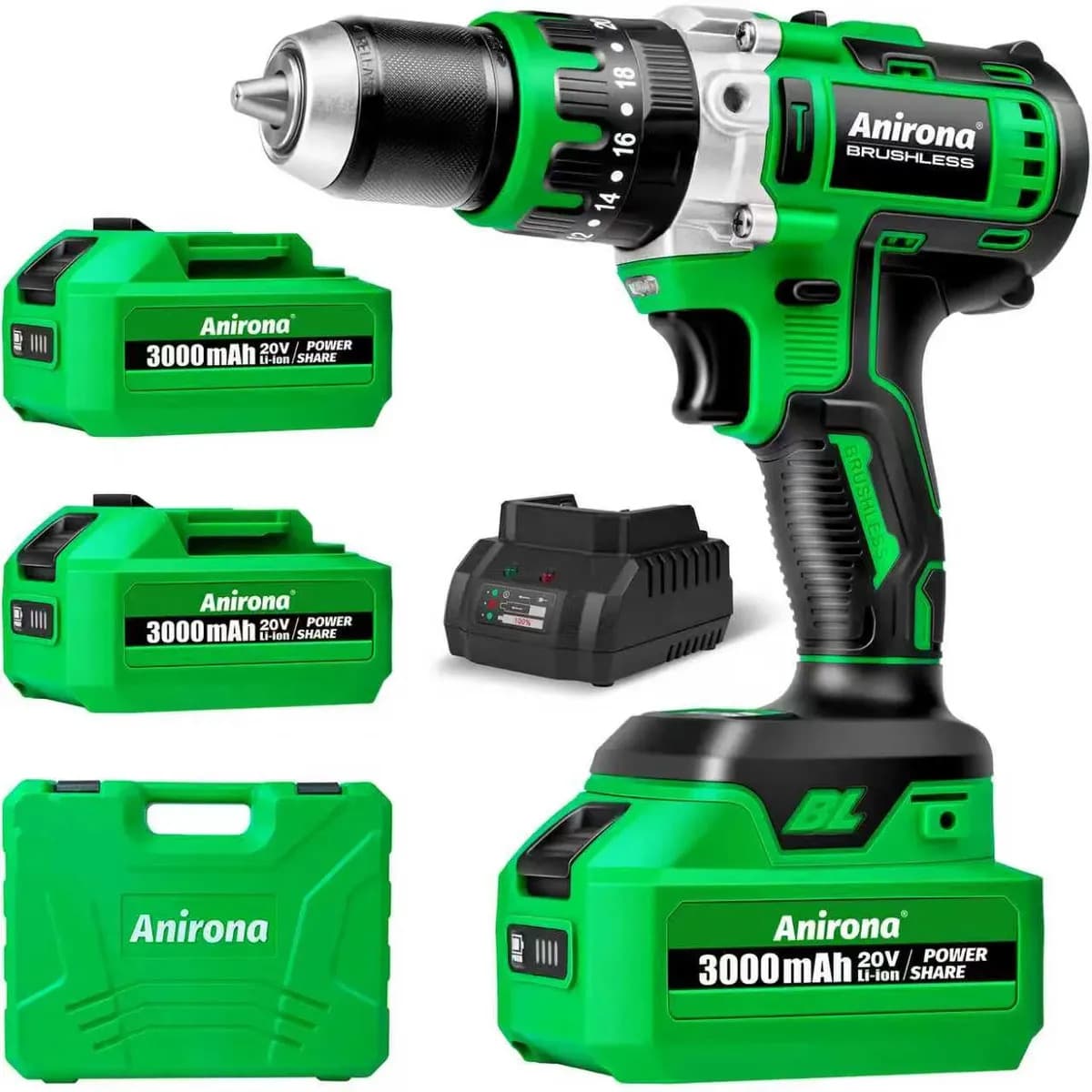 Taladro Rotomartillo Sin Carbón 2 Baterías 3000mah 13mm 1/2 Mandril Anirona