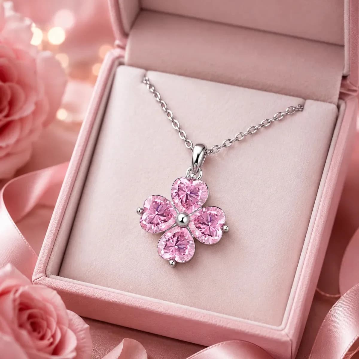 Collar de Corazón y Trébol de Plata para Mujer con Circonias Rosas, Elegante