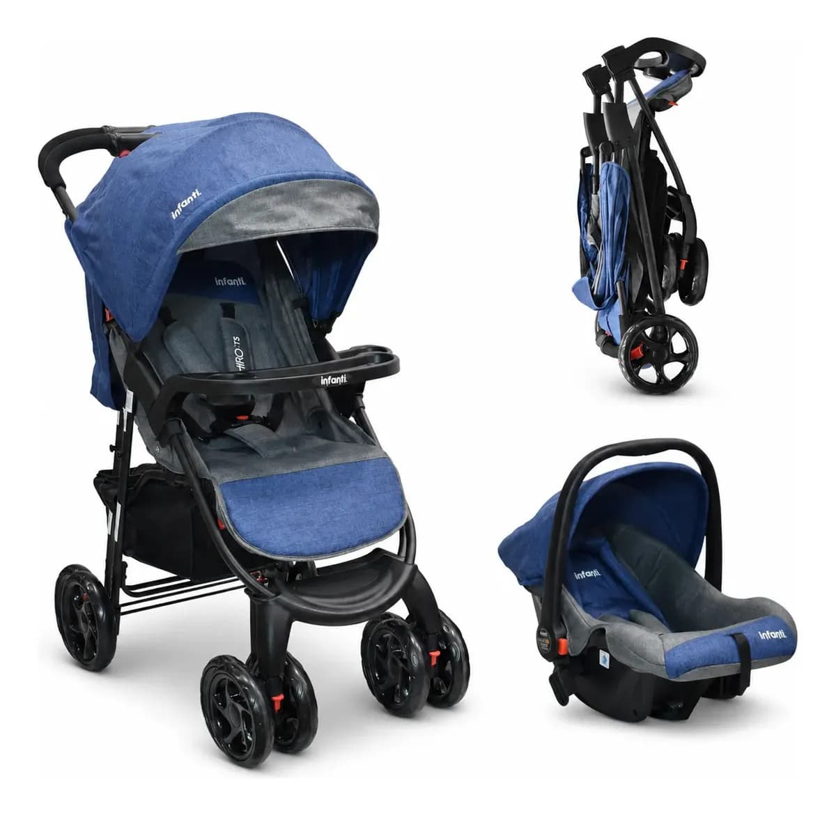 Carriola Travel System Hiro TS Azul Con Portabebé, Plegado a una Mano, Arnés De 5 Puntos, Reclinaciones, Toldo Completo, Charola Con Portavasos y Frenos. Desde Recién Nacido. Hasta 15 kg, Infanti