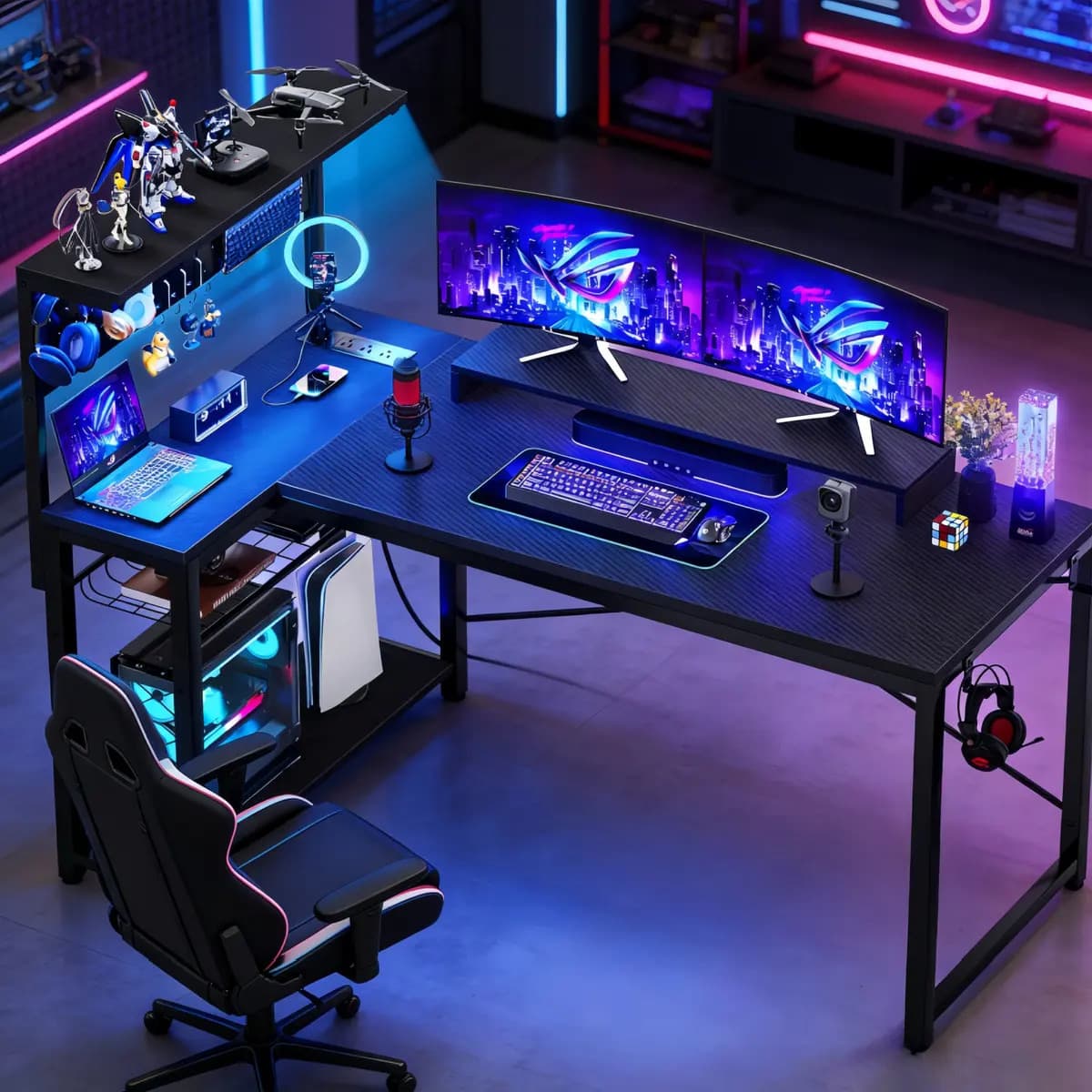 Escritorio Gamer en L VIVANIDO con Luces LED RGB y Estación de Carga, 110x76 cm, Negro