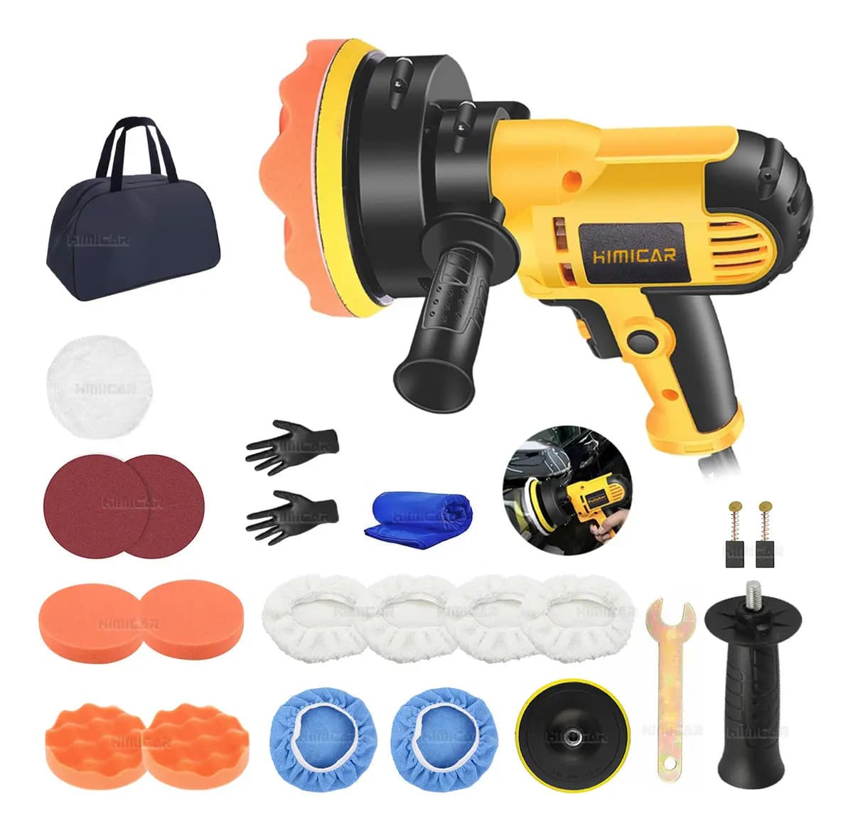 Himicar 700W 3700rpm pulidora eléctrica para automóviles 20PCS, incluye bolsa de almacenamiento, guantes y toalla. Ideal para pulir automóviles, lijar madera, muebles, cuero y azulejos.
