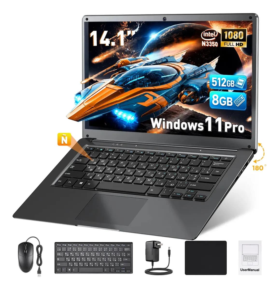 2026 Laptop Intel Celeron N3350 8gb Ram+512gb Ssd Windows 11 Pro Computadora Laptop Portátil Gamer Pantalla 14".1 Fhd 1920*1080 Teclado Español Con Ratón + Alfombrilla Para Oficina/Estudios/Viajes