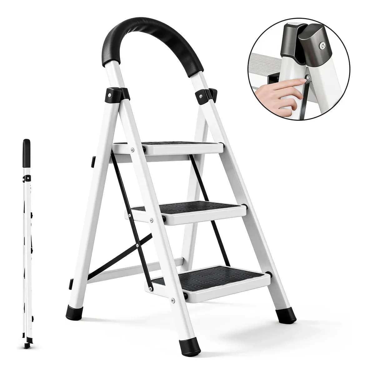 Escalera De Acero Inoxidable Tipo Tijera Plegable 3 Peldaños Color Blanco/Negro