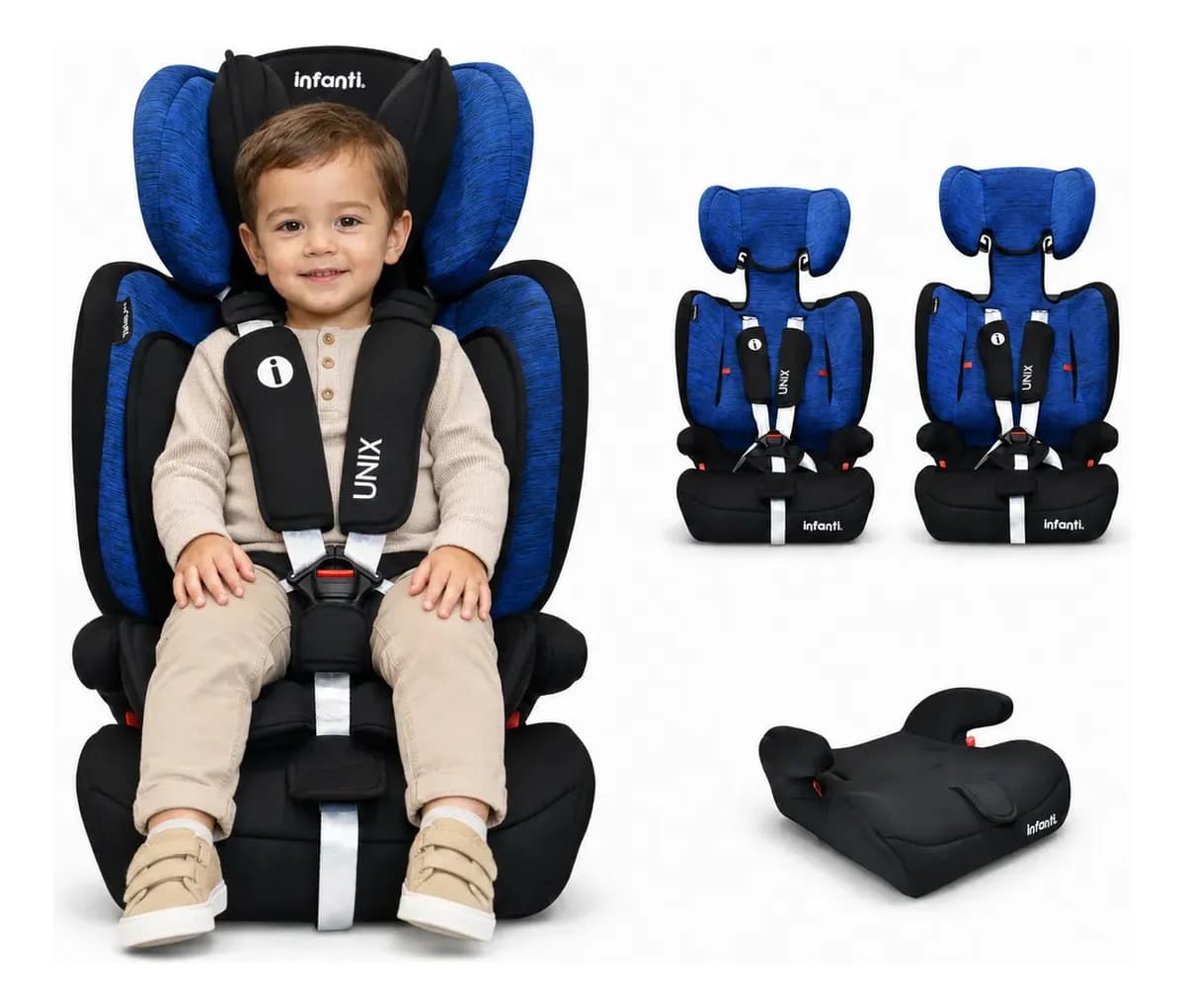 Autoasiento Unix Azul y Negro Con Respaldo Desmontable Para Booster De 9 a 36 kg, Arnés de 5 Puntos, Cabecera Ajustable y Soportes Acolchados, Certificación Europea ECE R44/04 UE, Infanti