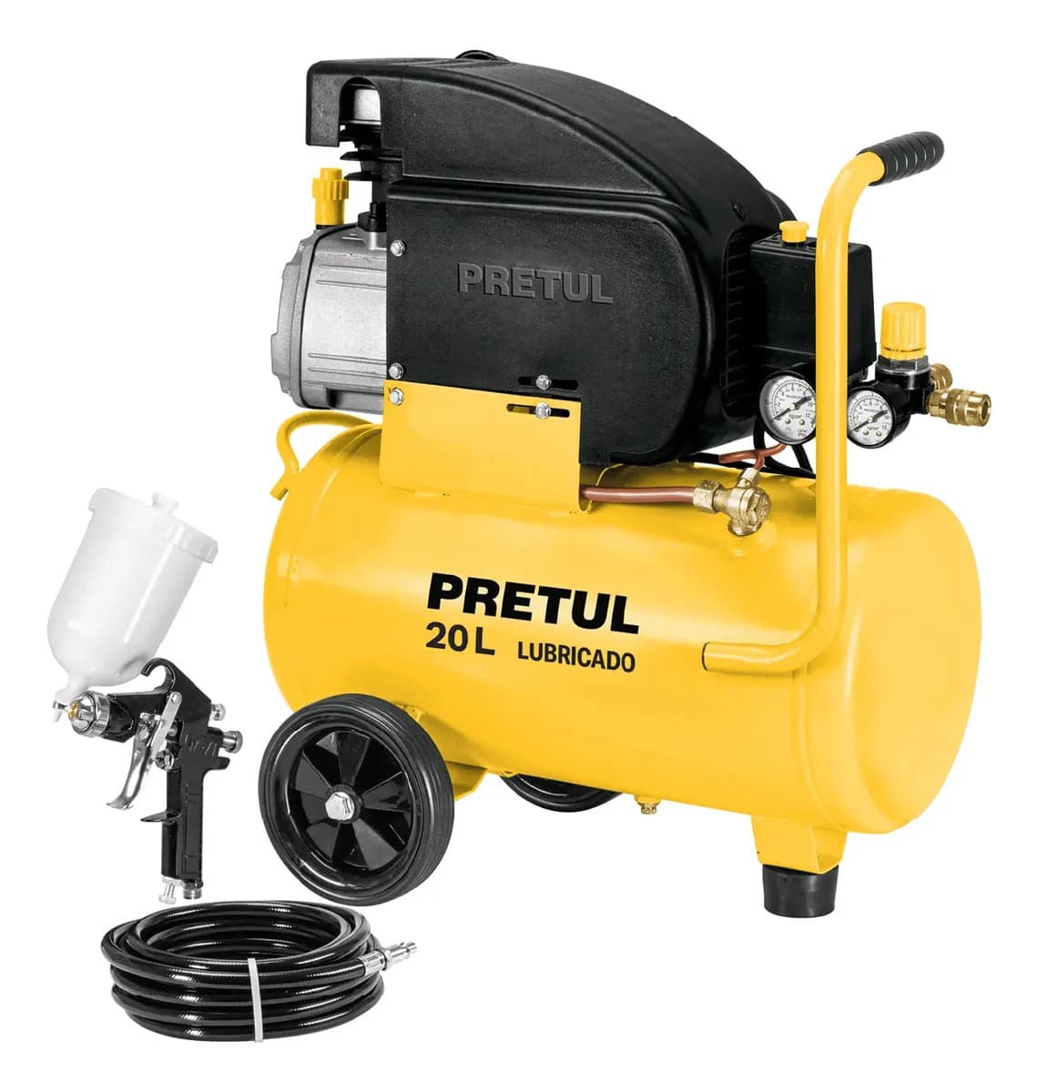 Compresor 20L 2 1/2HP Pistola de gravedad y manguera 5m PRETUL COMP-KIT20P3 Color Amarillo Frecuencia 60 Hz