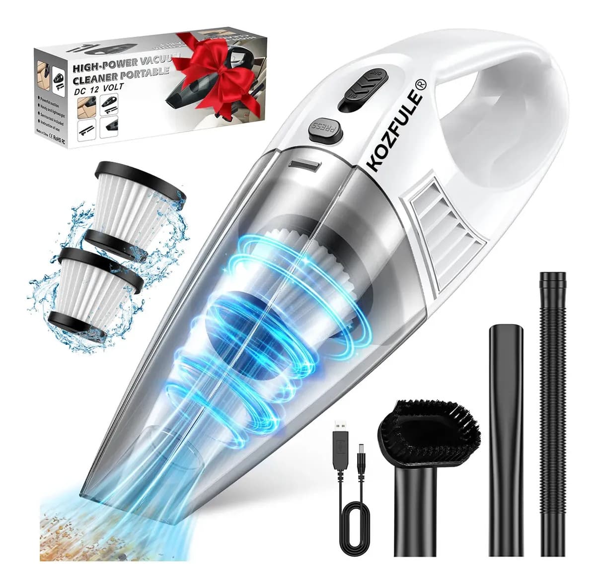 Aspiradora Inalámbrica De Mano Portátil KOZFULE 5 En 1 9000Pa Con 2 Filtros 500ML 120W 3600MAH Para Hogar Y Auto Y Oficina Aspiradora de Mano Color Blanco
