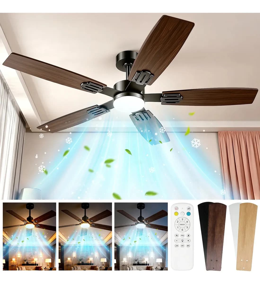 LICHTB Ventilador De Techo 42' 5 Aspas Con Luz Led Regulable 3 Tonos De Color Y Control Remoto, 6 Velocidades Turbo Silencioso 20db, Motor Cc Reversible Con Gran Ahorro Energético, Madera Oscura