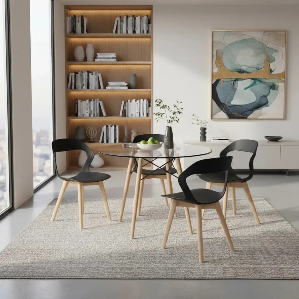 Set Comedor Mundo In Cristal Redondo 80cm + 4 Sillas Moura Color Negro Diseño De La Tela De Las Sillas Liso