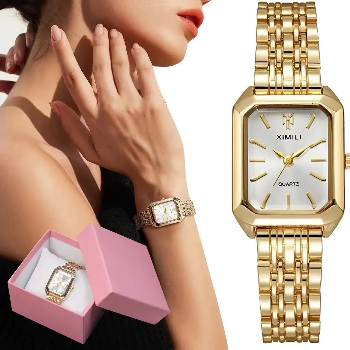 FUEZOIU Reloj De Mujer Dama Impermeable Cuarzo Moda Con Regalo Caja San Valentín Regalos para Parejas, Mujeres,Novia Dorado