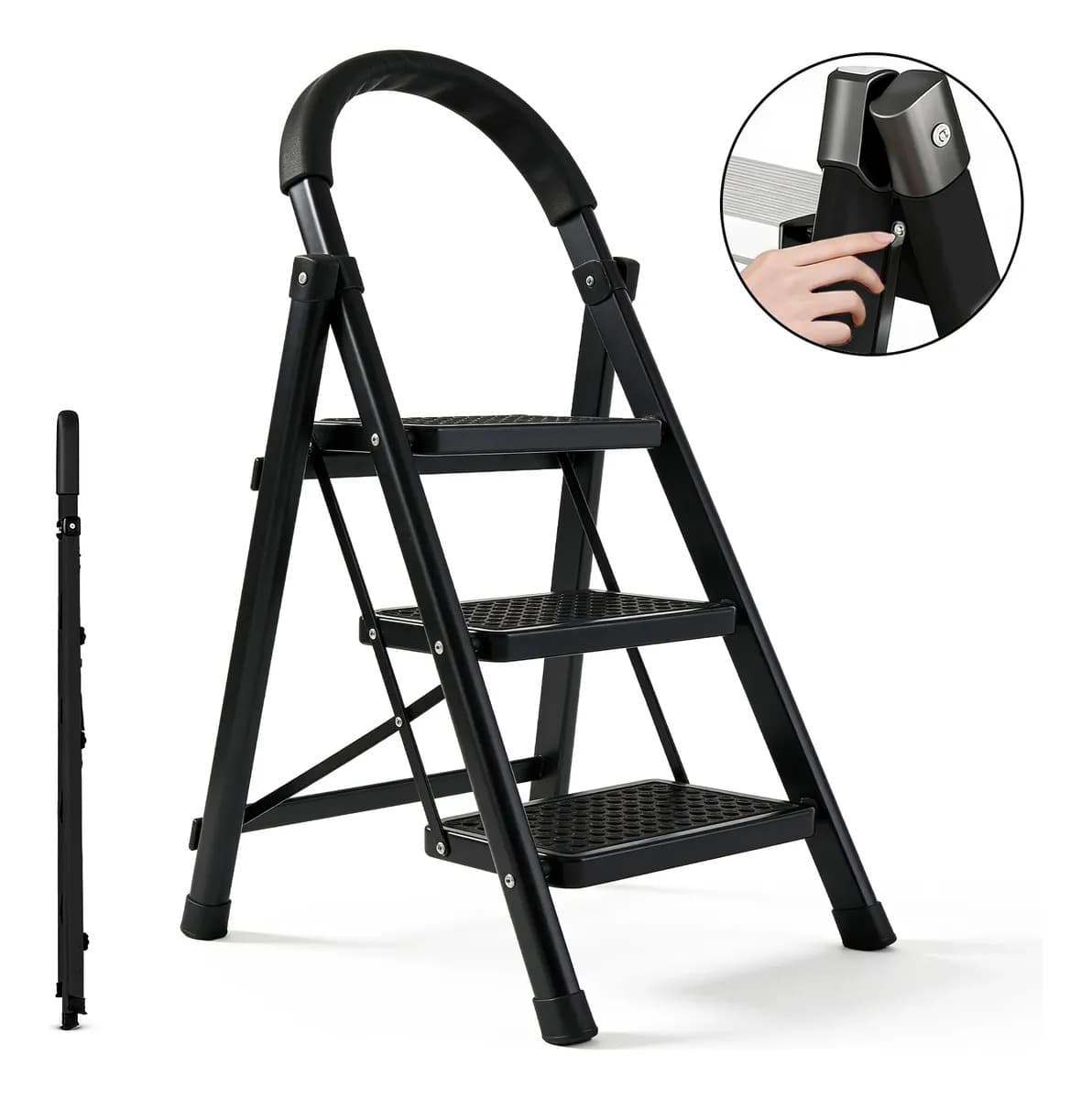 Escalera De Acero Inoxidable Tipo Tijera Plegable 3 Peldaños Negro