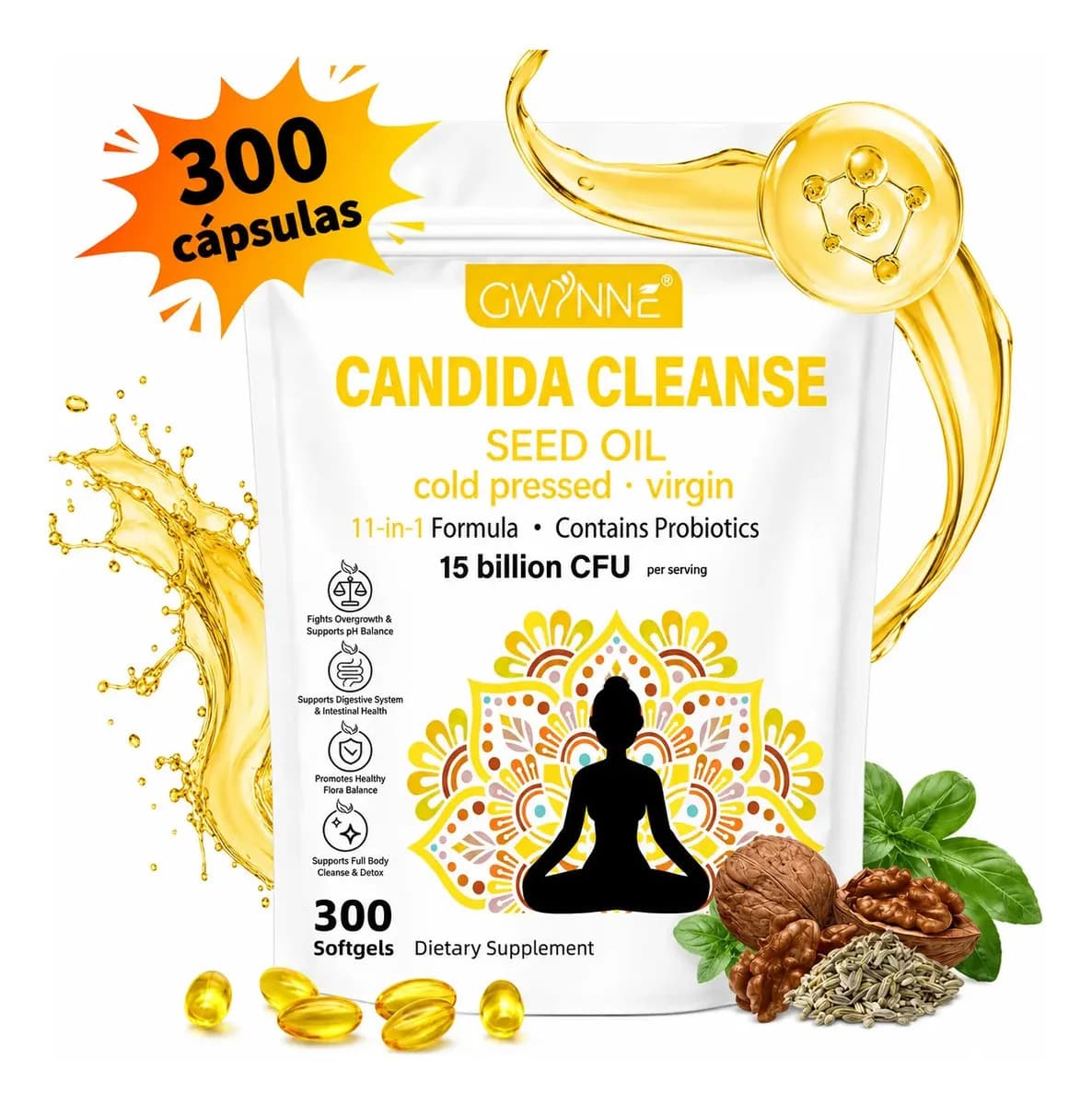 Gwynne Candida Cleanse Seed Oil Cápsulas 300 Cáps,hierbas Naturales Para La Desintoxicación Intestinal Con 15 Billion Cfu,11-in-1 Formula Con Hoja De Orégano,ácido Caprílico Y Probiotics