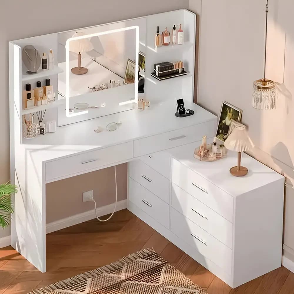 Multifuncional Tocador Grande Vanity Hollywood Con Espejo Y Luces 8 Cajones, Mderno (blanco)