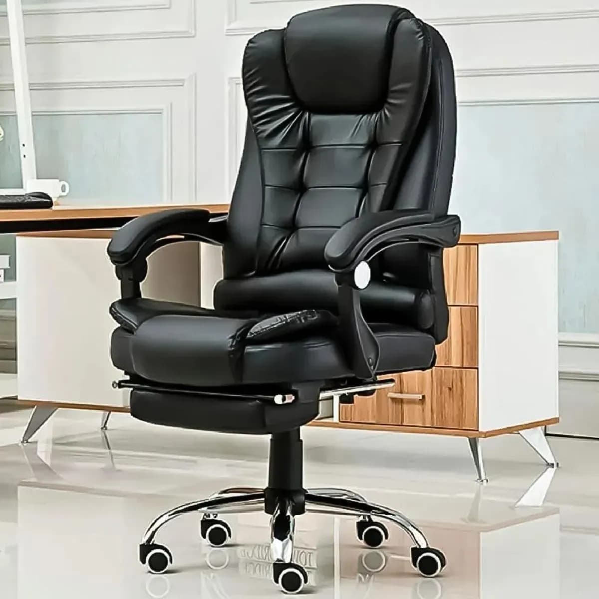 Silla Ejecutiva Con Masaje Secretarial Oficina Reposapiés Respaldo Reclinable Acojinada Giratoria Ergonómica Descansa Pies SelectShop Color Negro
