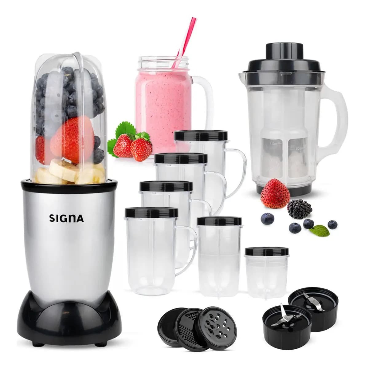 Licuadora Procesador de Alimentos SIGNA 1.2 L con 21 Accesorios, Potente para Batidos y Frappe