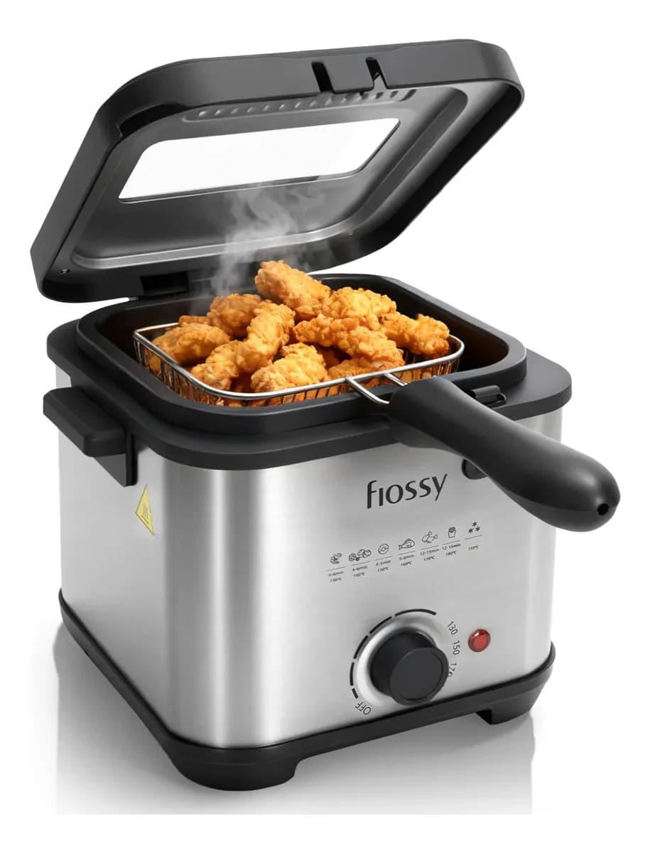 Flossy Freidoras Eléctricas de Aceite Compacta Inoxidable Capacidad 1.5Lt Color Plateado 200°C y Ventana de Visualización Multifuncional para Papas y Snacks