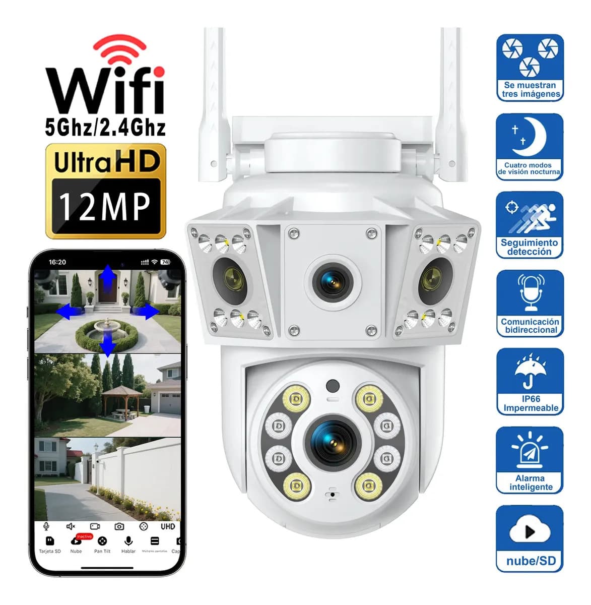 Cámara Seguridad Exterior MVPSMART DQ8 Pro Doble Lente Gran Angular 12MP WiFi 2.4G/5G BT PTZ 360° Seguimiento Auto 3 Vistas Alarma Inteligente Visión Nocturna Audio Bidireccional SD/Nube IP66