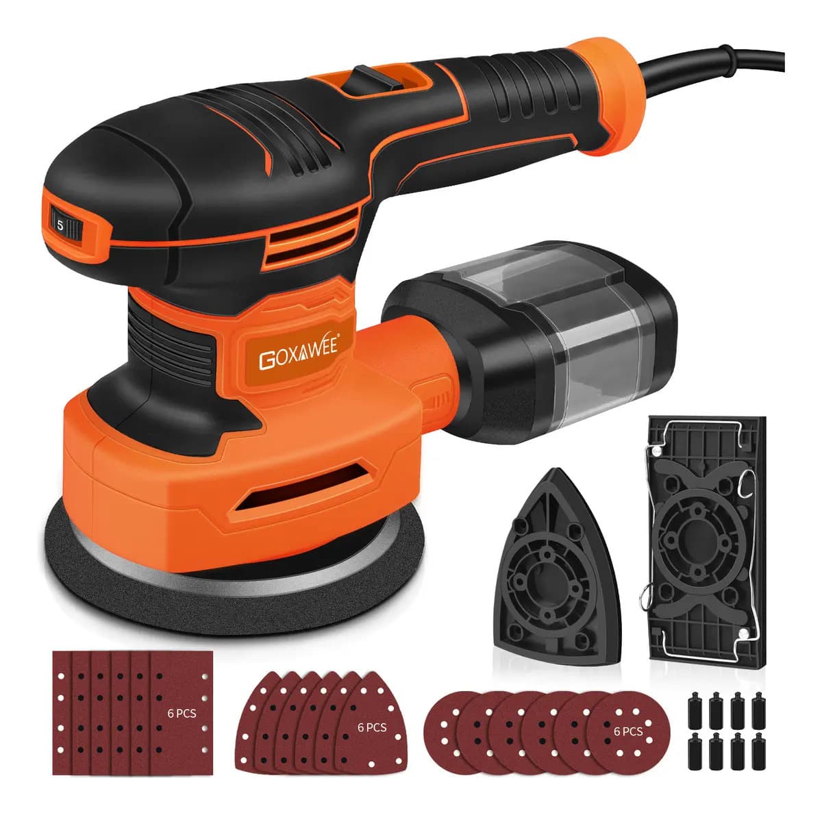 Goxawee 3 En 1 450w Lijadora De Orbital , 5 Velocidades Ajustable,14000 Rpm,redonda, Cuadrada, En Forma De Rata, Para Madera, Desincrustar Y Pulir Metales