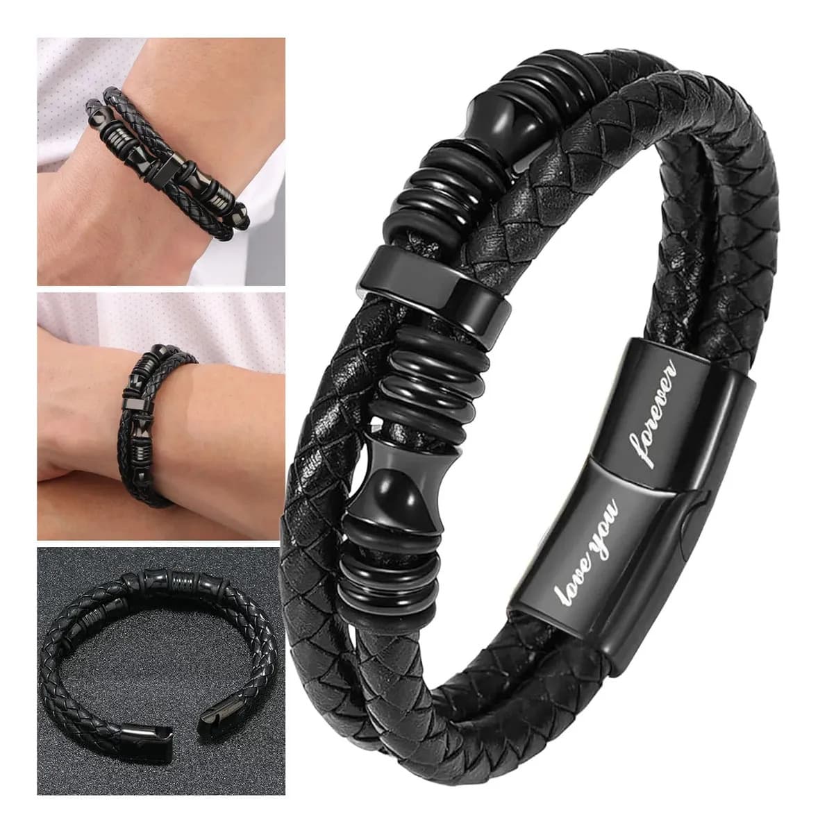 BEAYUNGRY Pulsera de Piel Hombre De Cuero Con Hebilla Magnética Regalo de joyería Para Hombre 21.5cm