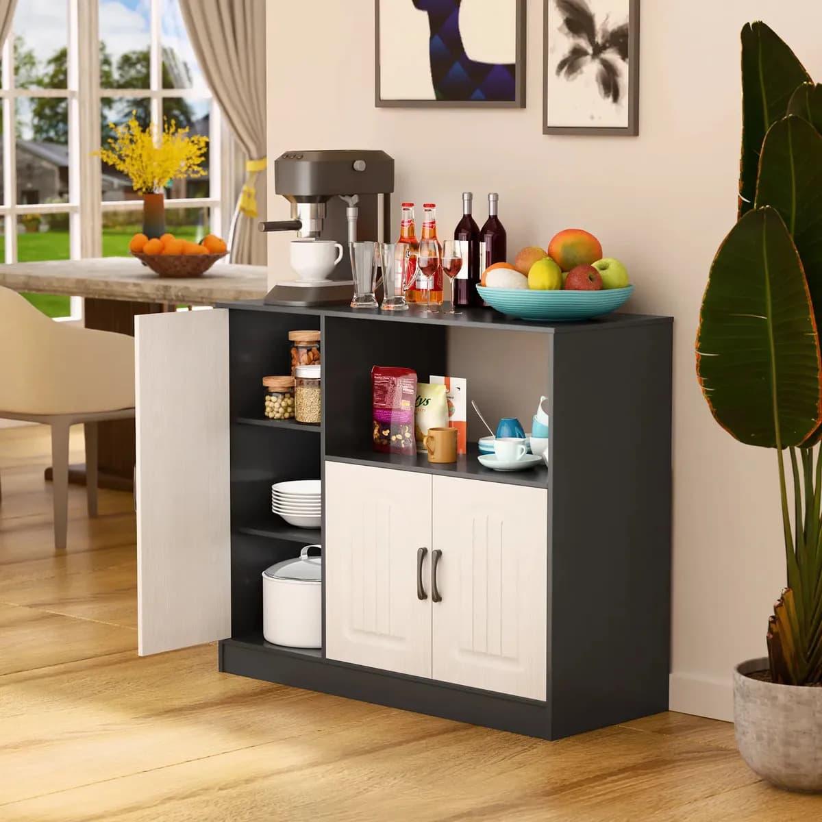 Muebles For Kitchen Pequeñas Alacenas Madera Moderna KIXTLA 90 × 87,5 × 40 cm, con Tabiques y 3 Cajones ,Bufeteras,Credenzas Modernas,Comedor Minimalista