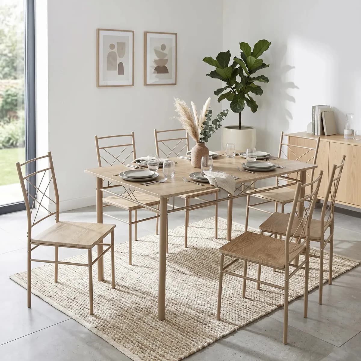 Juego Comedor Mesa Rectangular Y 6 Sillas Moderno De Madera Y Metal Kingshouse Cocina Color Madera