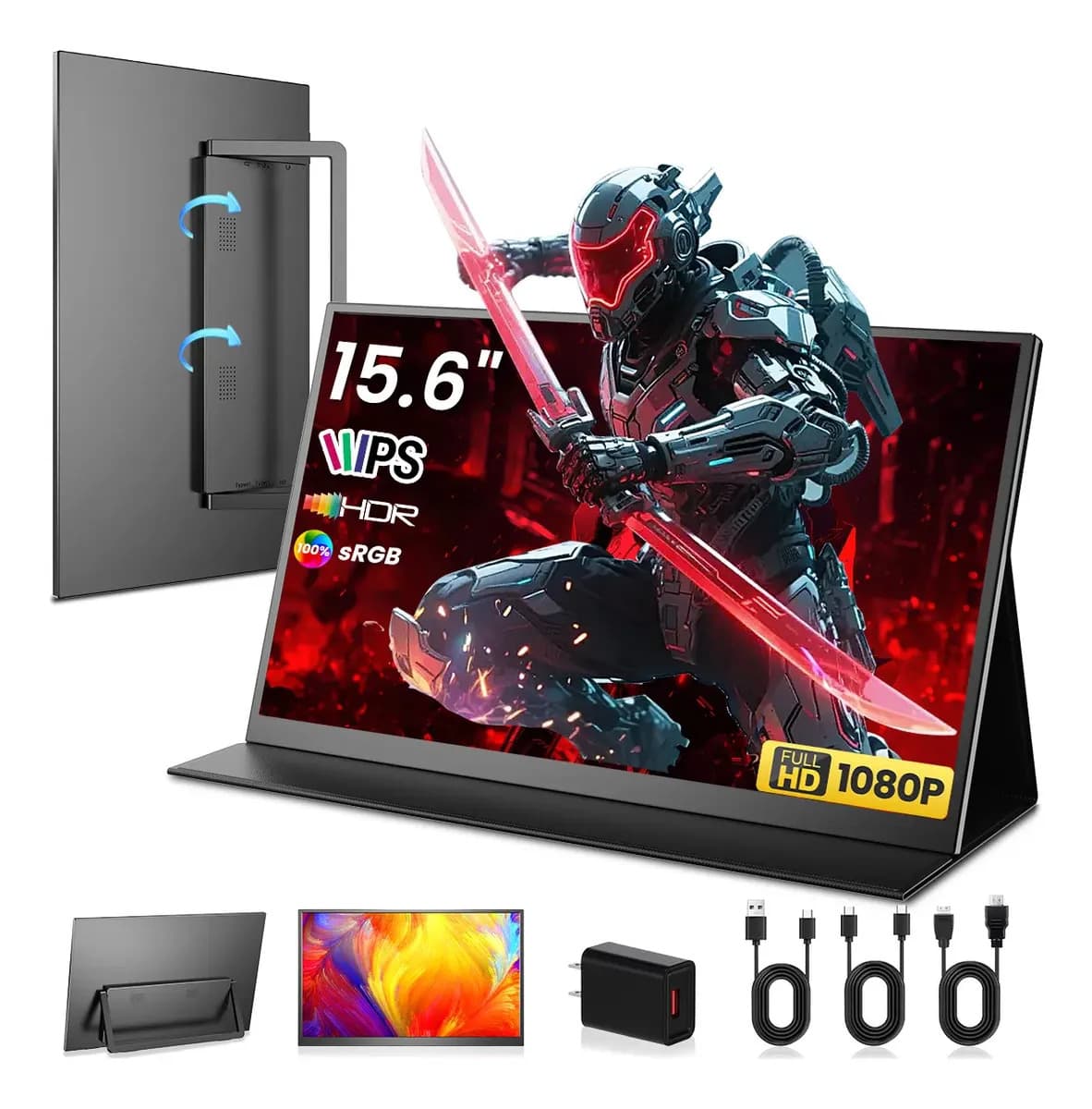 Monitor Portátil 15.6 inch Hdr Pantalla FAMXUB Monitores Gamer Ips Fhd 1080p Hdmi 60hz, Con USB-C Port, Monitor Para Computadora，phone, Xbox Color Negro