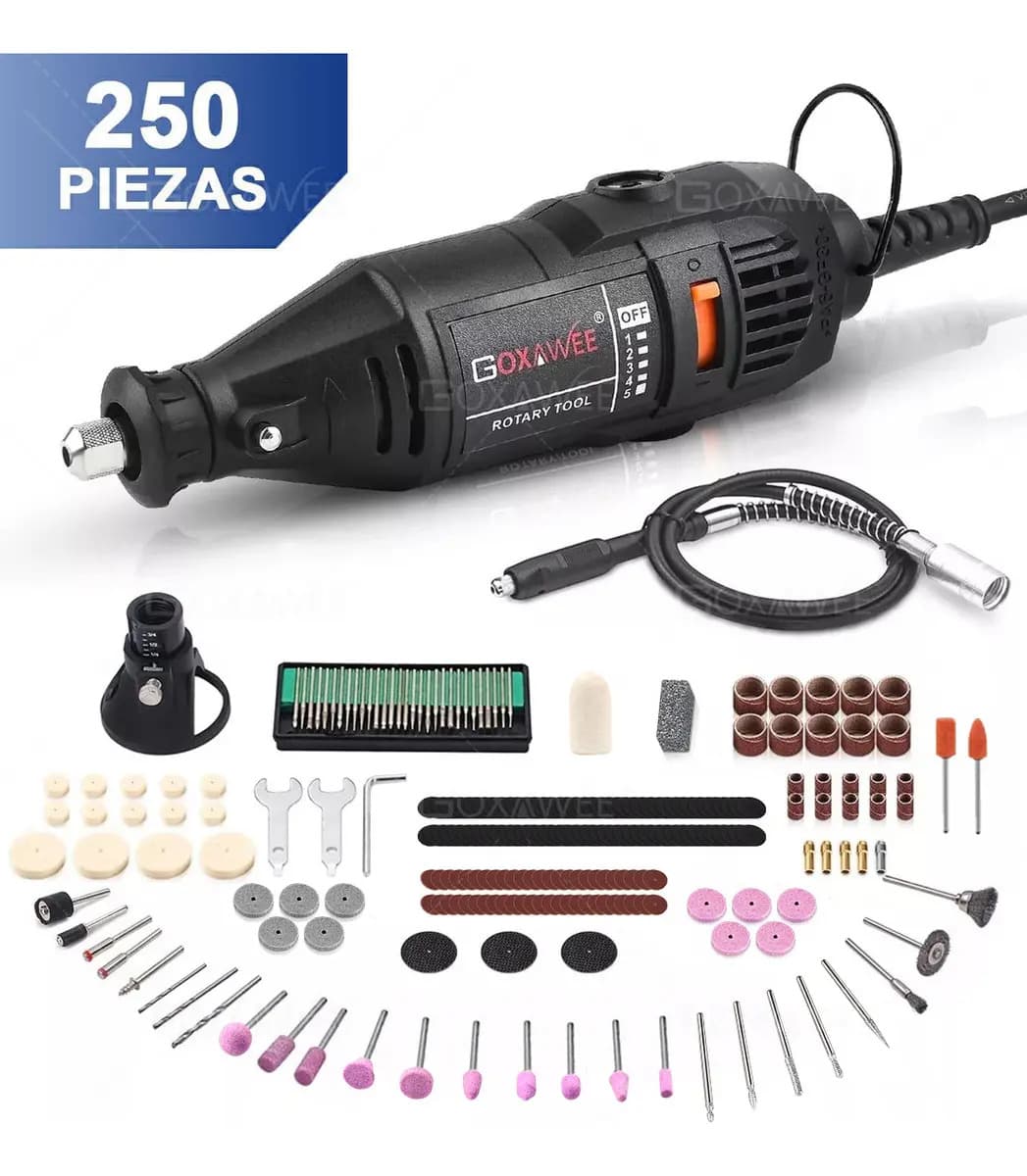Goxawee® Mini Taladro Mototool Pulido Potencia 130 W Flex Shaftcon 250pcs Accesorios Conjunto De Taladro Eléctrico De Velocidad Variable Para Proyectos Artesanales Y Creaciones De Bricolaje