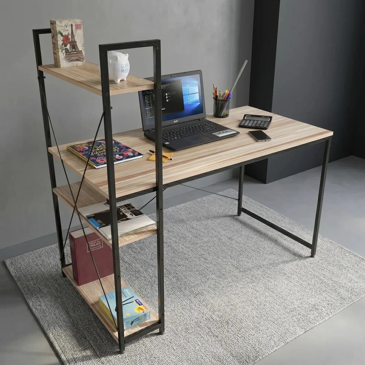 Escritorio Oficina Desk-4 para computadora estilo industrial 120cm X 122cm X 60cm color madera Café Claro y Negro