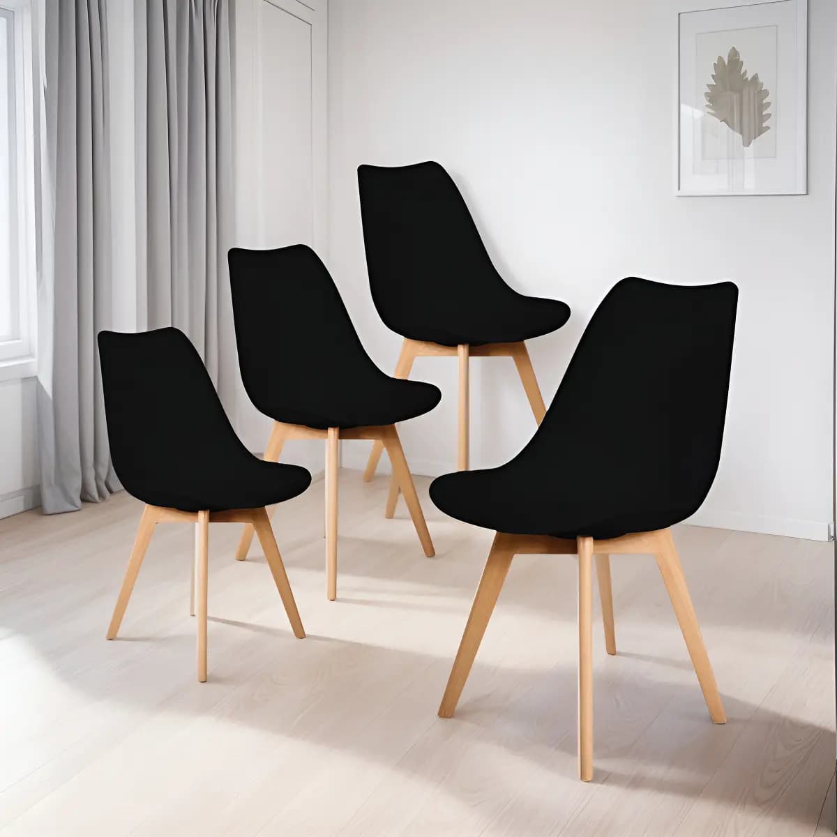 Set/kit 4 Silla Tulip Eames Acojinada Minimalista Moderna Estructura de la silla Marrón claro Asiento Negro