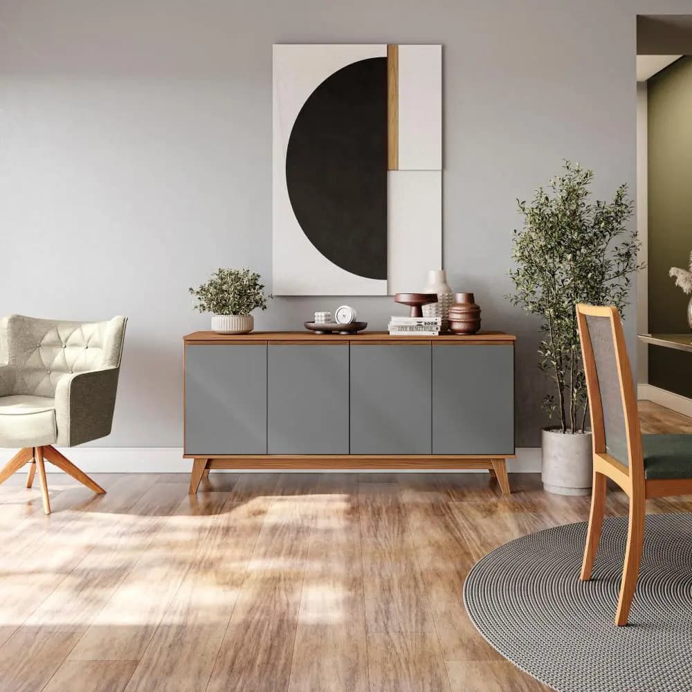 Aparador Bufetero Credenza Kappesberg 156cm 4 Puertas Color Canela/Gris