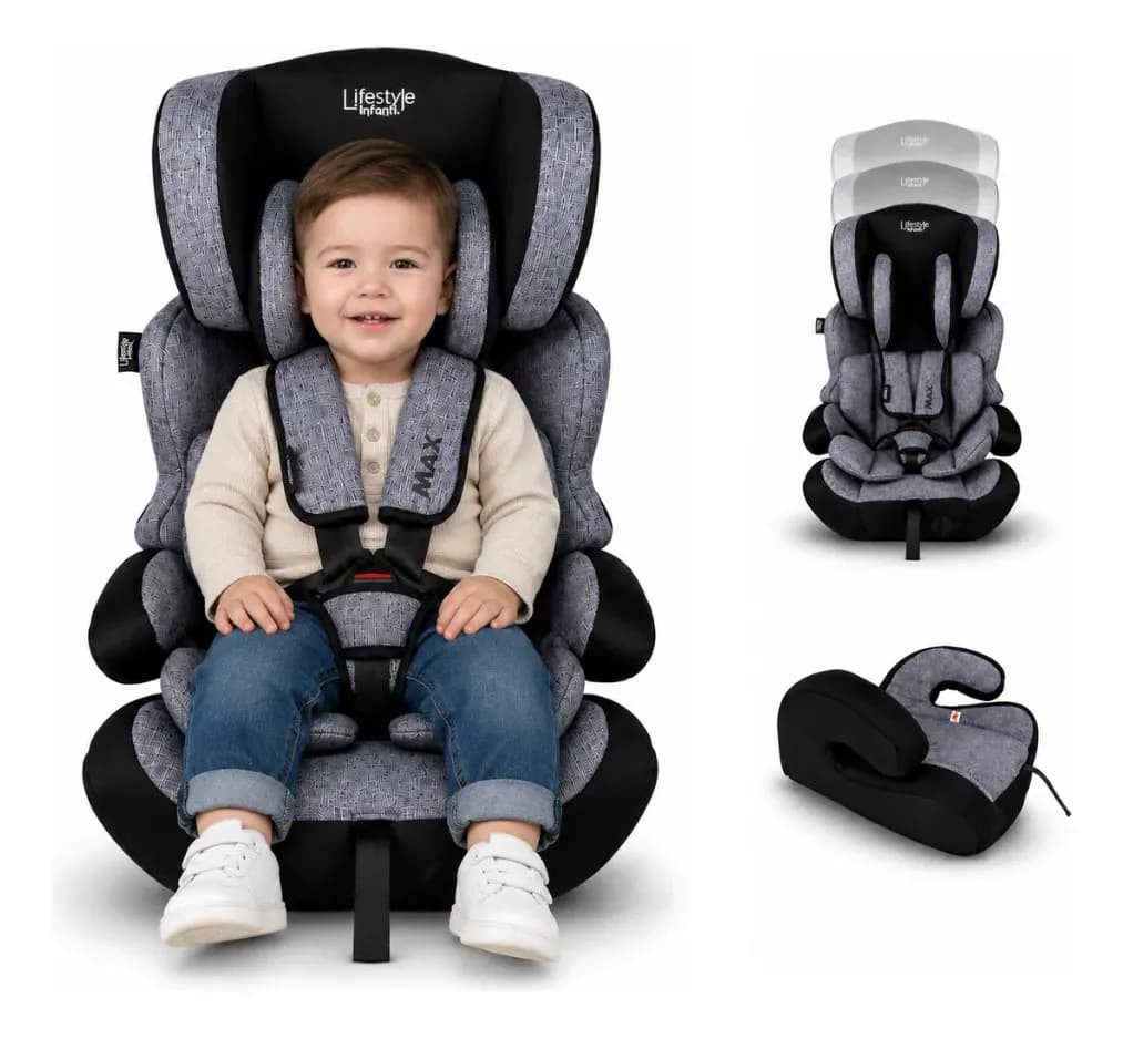 Autoasiento Max Gris Grupo 1, 2 Y 3 De 9 A 36 Kg, Arnés De 5 Puntos, Soporte De Cabeza Ajustable, Respaldo Desmontable, Función Booster, Lavable, Instalación Con Cinturón De Auto Lifestyle By Infanti