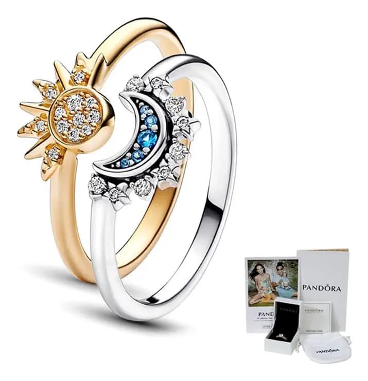 2pc Anillos Celestiales Apilables De Sol Y Luna Pandora Color Dorado+plateado Talla 6