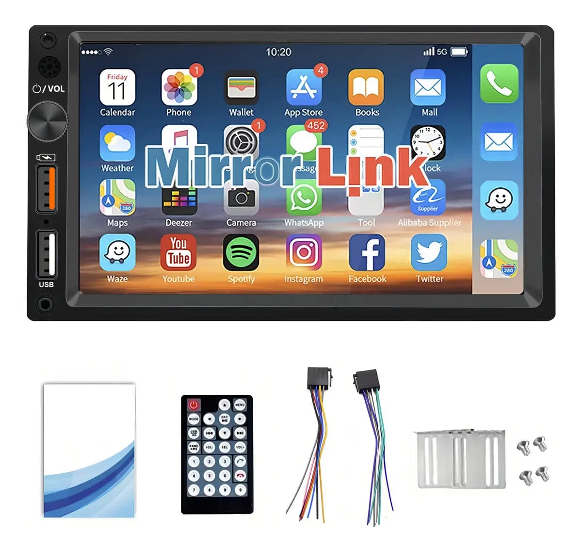 Sistema multimedia para vehículo Mirrorlink 7020 con pantalla táctil de 7" negro