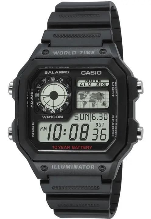 Reloj Casio Digital Ae1200 1a Correa Negra Wr100 Correa Negro Bisel Negro Fondo Negro