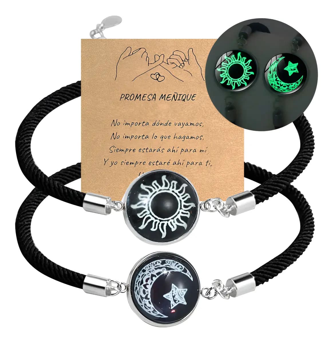 Pulseras de Pareja Sol y Luna con Brillo en la Oscuridad, Ajustables para Hombre y Mujer - Pack de 2