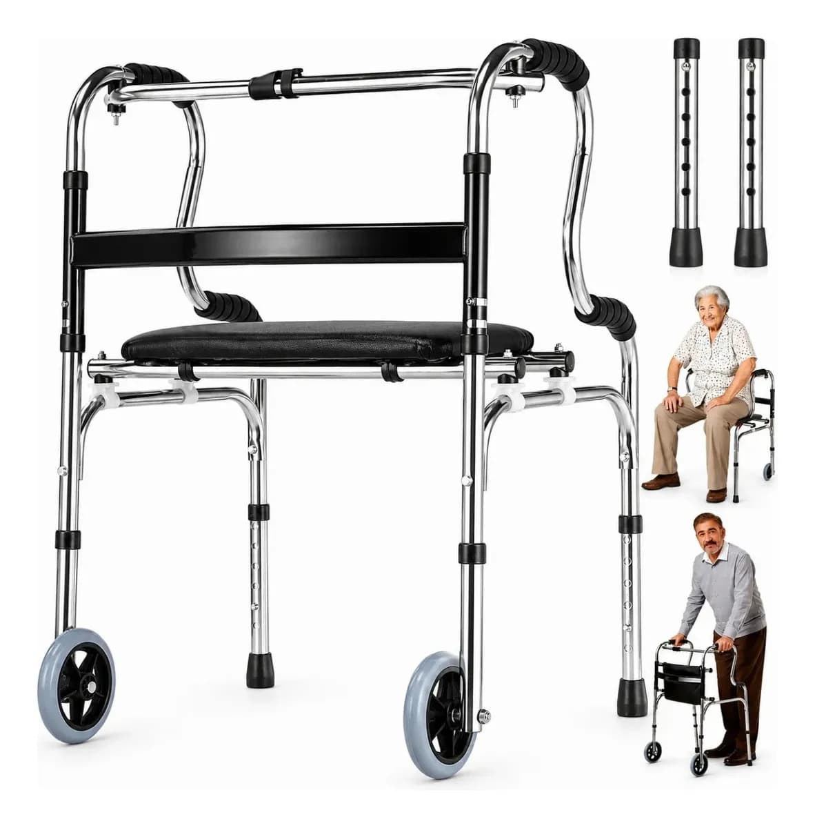 Tecuah Andadera para Adulto Mayor con Asiento Cómodo, Andadera Fija Ortopedica para Adulto, Plegable Andadera Ortopédica para Rehabilitación, Altura Ajustable, Soporta 150 kg - con Ruedas