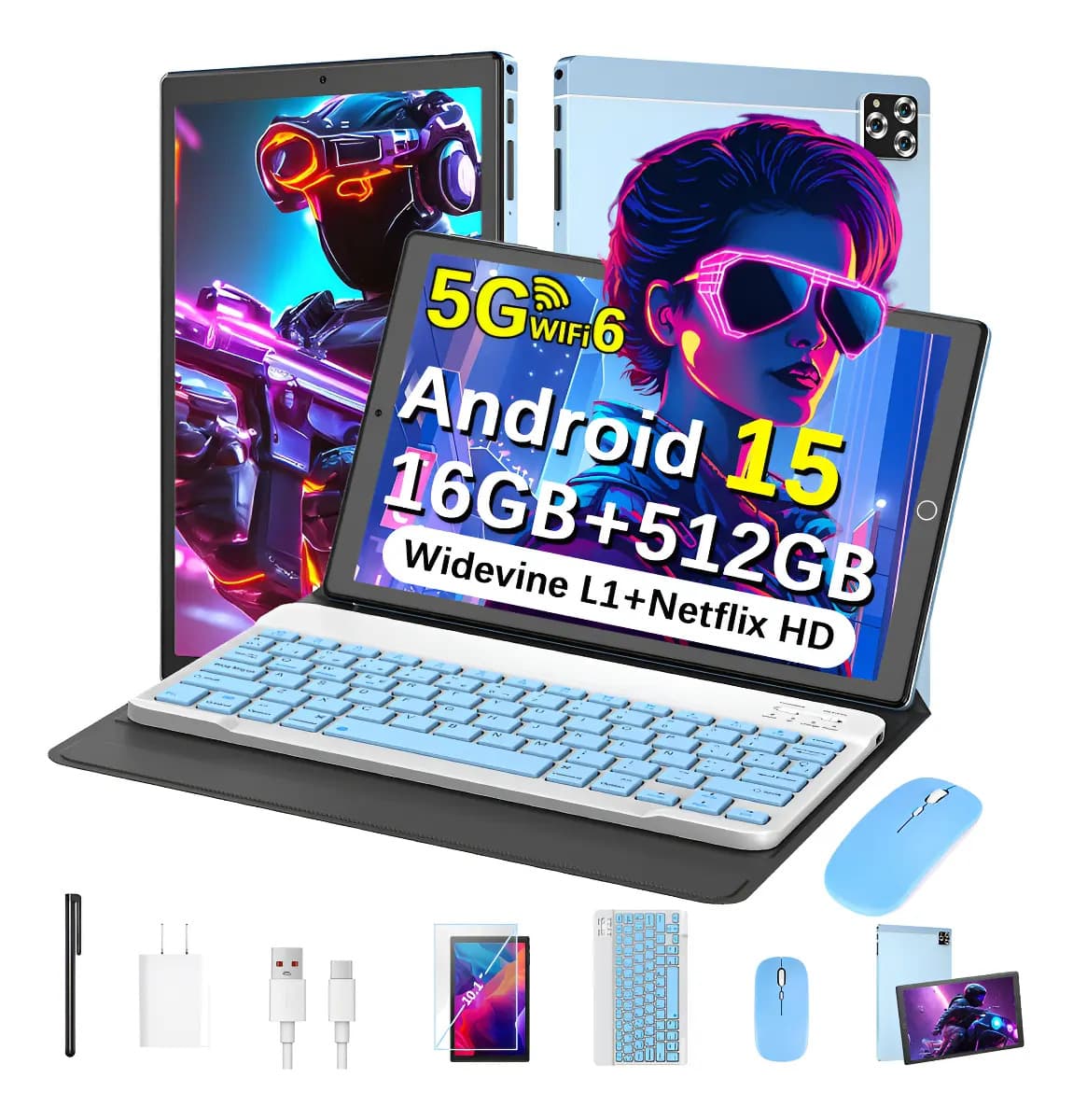 Tablet Ykioea 10.1" con Android 15, 16GB RAM y 512GB ROM, Azul, Incluye Teclado y Mouse