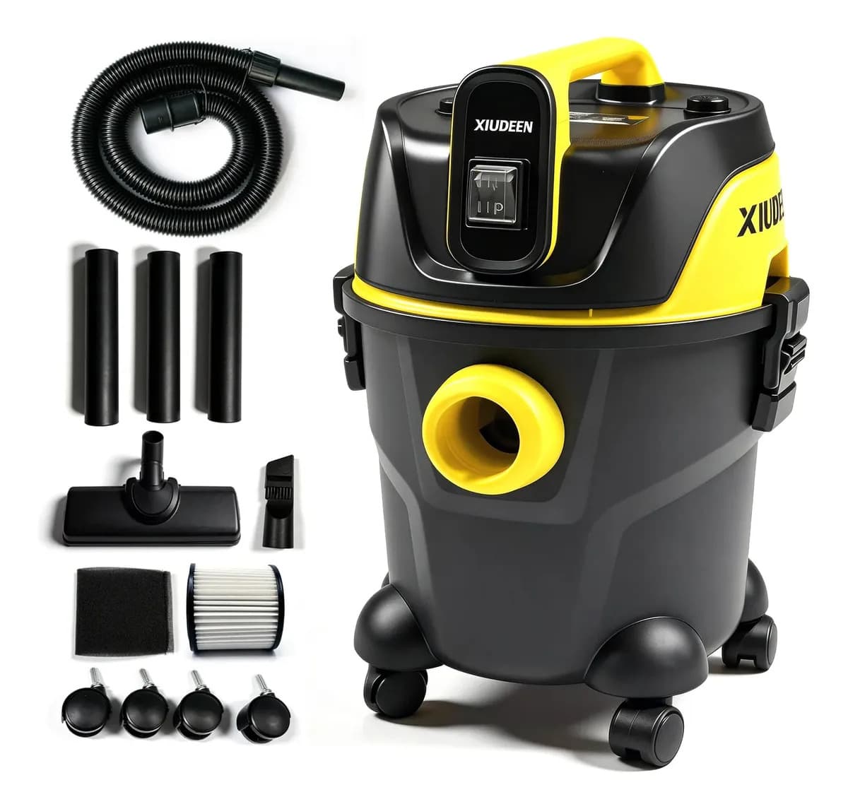 Aspiradora Seco Mojado XIUDEEN 4GAL (15L) 1500W (Potencia Real) 127 V 60 Hz Filtro HEPA con Accesorios – Compacta para casa, taller y carro XD15L Negro/Amarillo