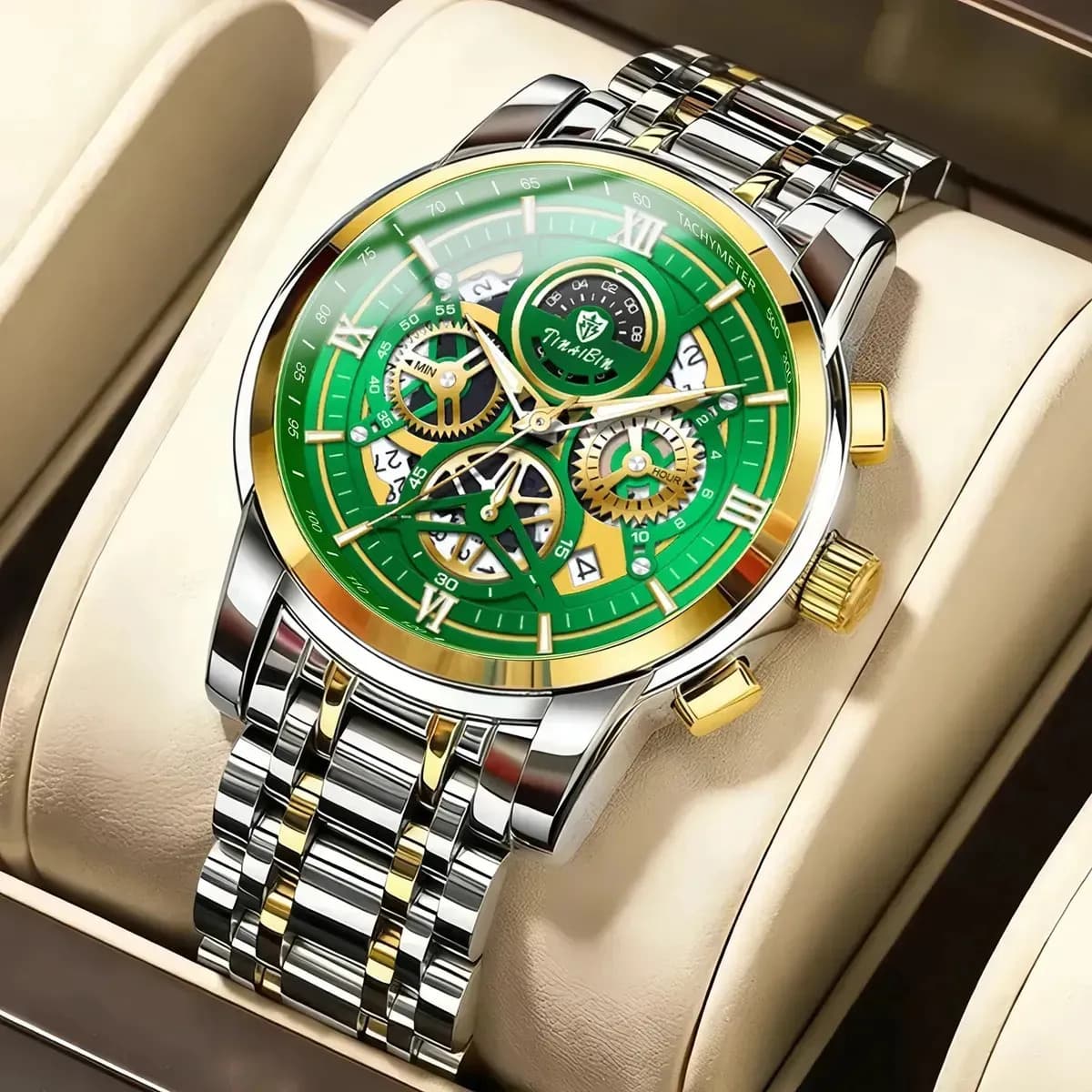 Reloj De Cuarzo Acero Multifunción Impermeable Para Hombre Correa Plata Bisel Dorado Fondo Verde