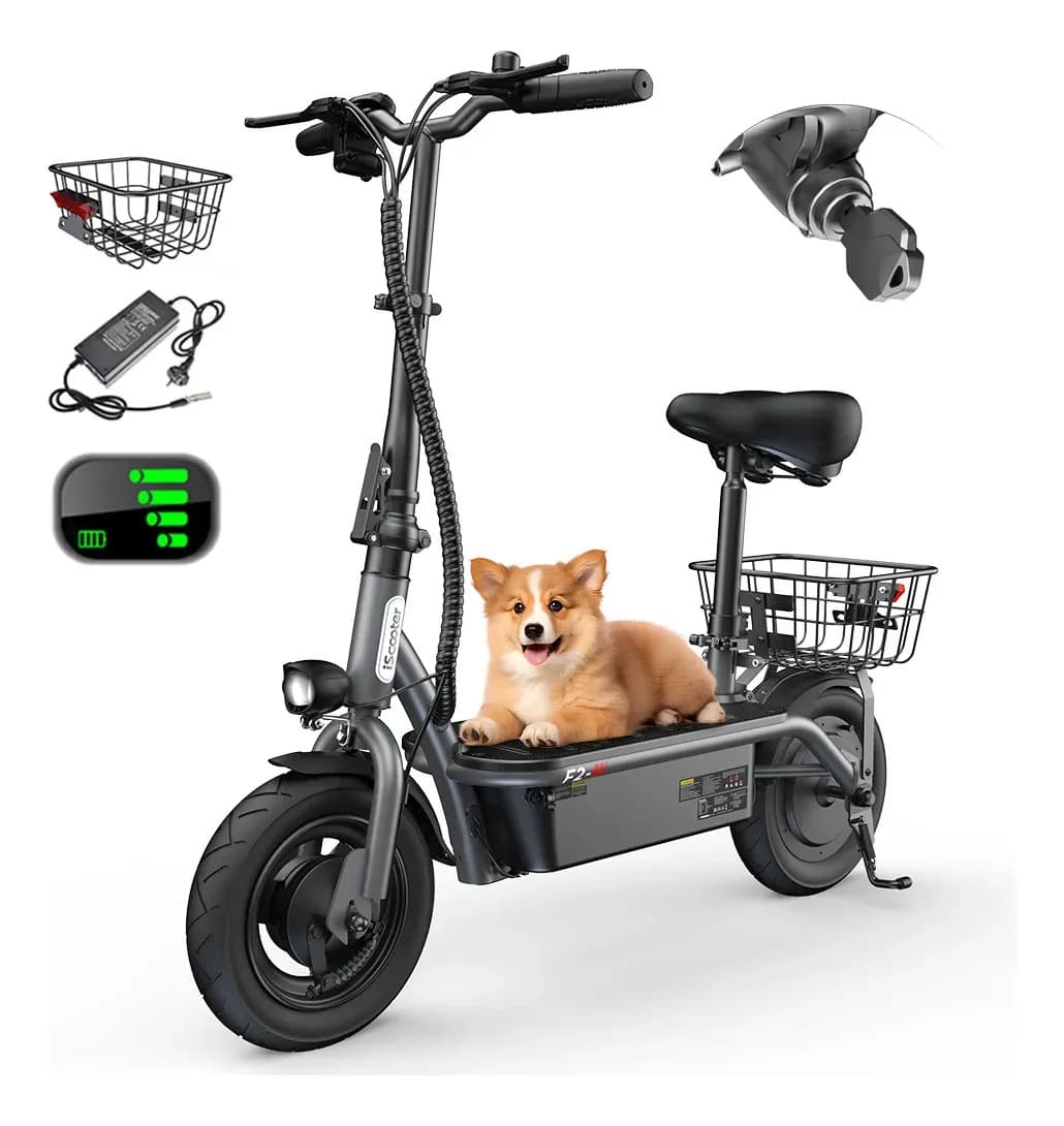 Scooter Eléctrico Iscooter F2 Plegable con Asiento y Cesta de 500W y 30 km de Autonomía