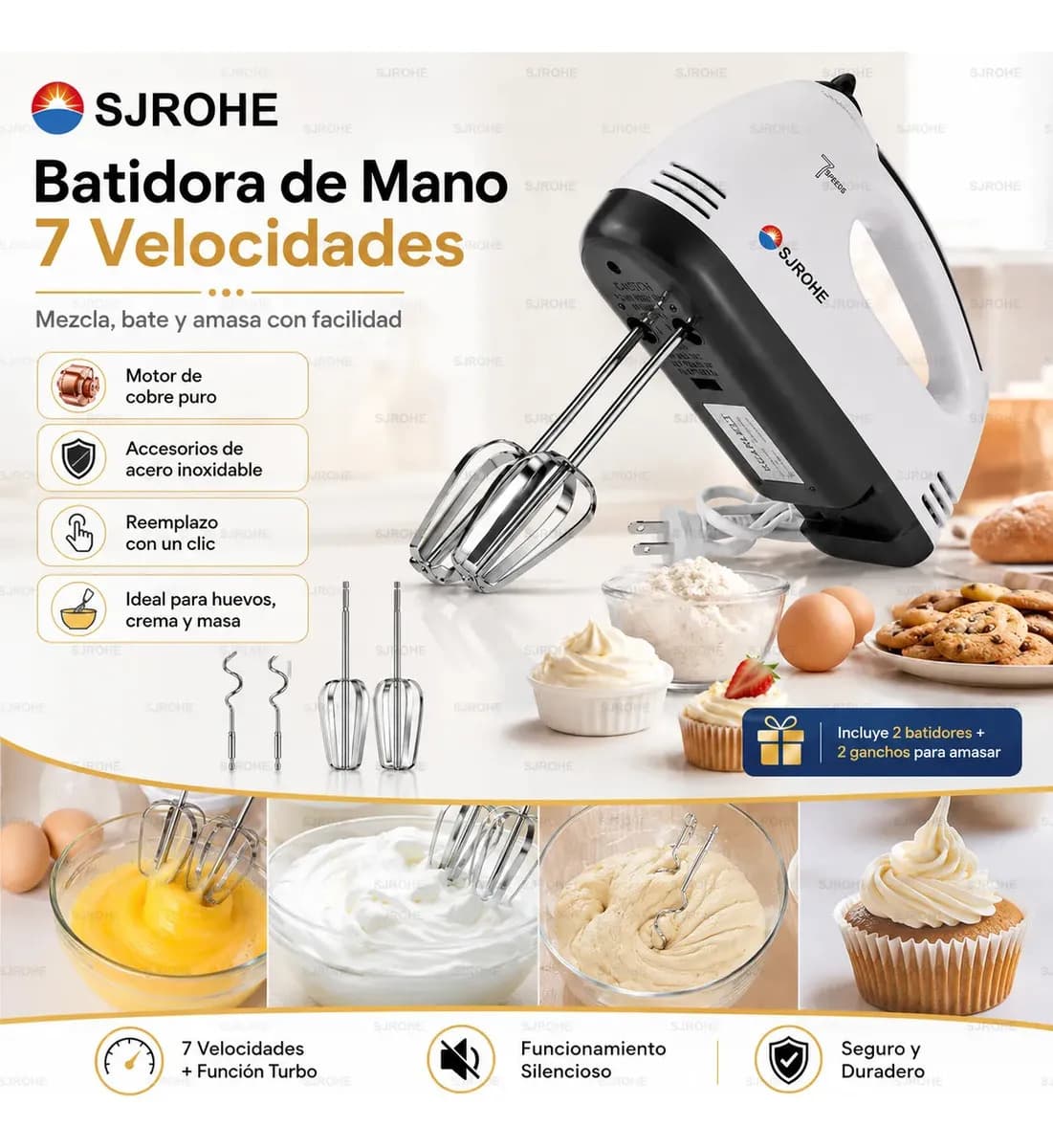 Sjrohe Batidora de Mano Mezclador Electrico 7 Velocidades 260w Poderosa Potencia Disipación de Calor Mezcla Fácil Reemplazo Motor Mudo de Cobre Silencioso Cómodo Planno y de Gancho